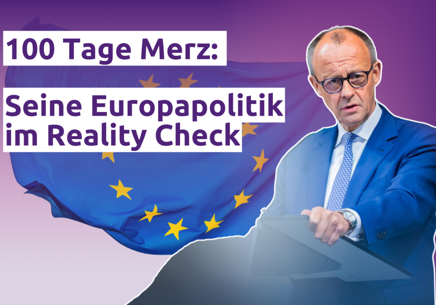 Bildmontage von Kanzler Merz vor einer Europaflagge